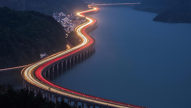 bridge, zhejiang, expressway, highway, qingtian, china, asia, light trails, traffic, road, dusk, evening, HD wallpaper