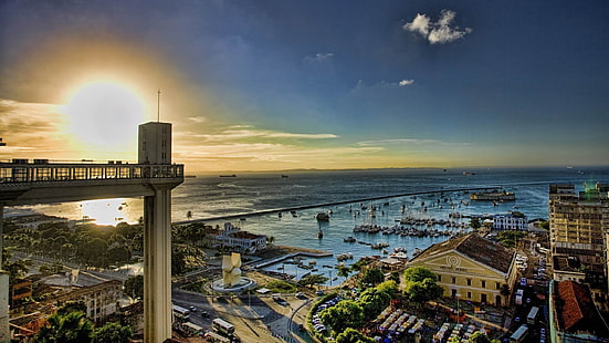 fotografia aérea da cidade ao lado do corpo de água, Brasil, pôr do sol, mar, paisagem urbana, Bahia, Salvador, HD papel de parede HD wallpaper