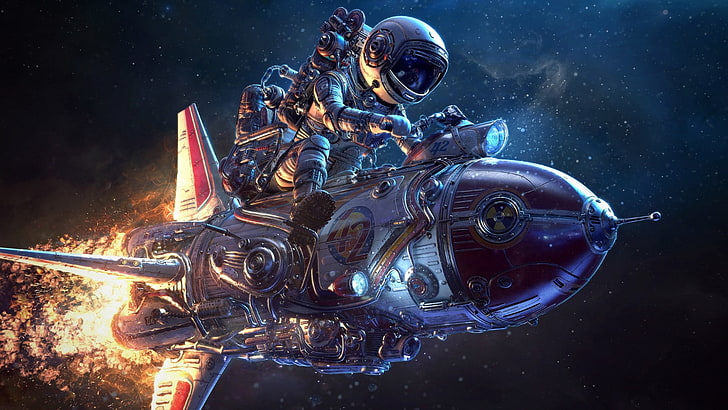 astronot, roket, api, karya seni, luar angkasa, fiksi ilmiah, Fantasi, Wallpaper HD