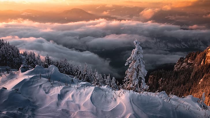Natur, Landschaft, Winter, Eis, Schnee, Kälte, Natur, Bäume, Wolken, orangefarbener Himmel, Berge, HD-Hintergrundbild