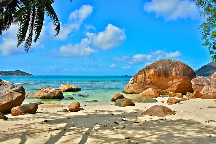 piedras marrones, naturaleza, el océano, quedarse, relajarse, Seychelles, exótico, Fondo de pantalla HD