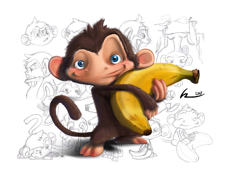 brown monkey illustration, monkey, drawings, white background, banana, baby Wallpaper, HD wallpaper