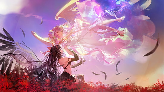 Kaname Madoka, Akemi Homura, Mahou Shoujo Madoka Magica, червени цветя, пера, аниме момичета, HD тапет HD wallpaper