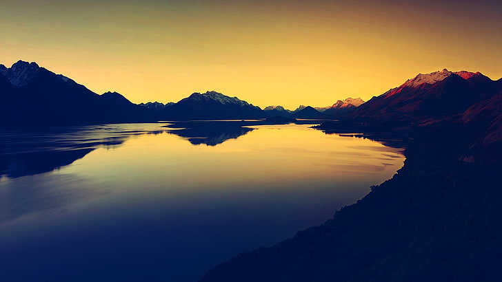 body of water, landscape, lake, nature, sunset, mountains, sky, water, reflection, HD wallpaper