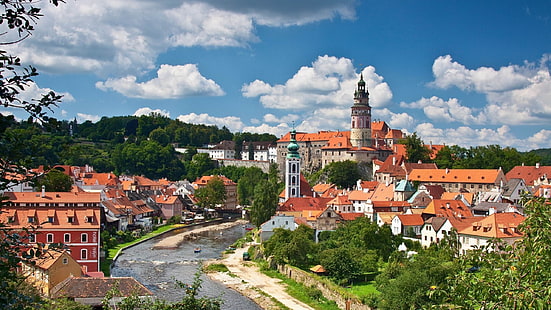 красно-оранжевое здание, чешский крумлов, чешская республика, река, Влтава, здания, вид, HD обои HD wallpaper