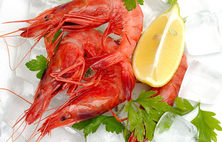 shrimps and lemon, seafood, shrimp, crabs, food, HD wallpaper