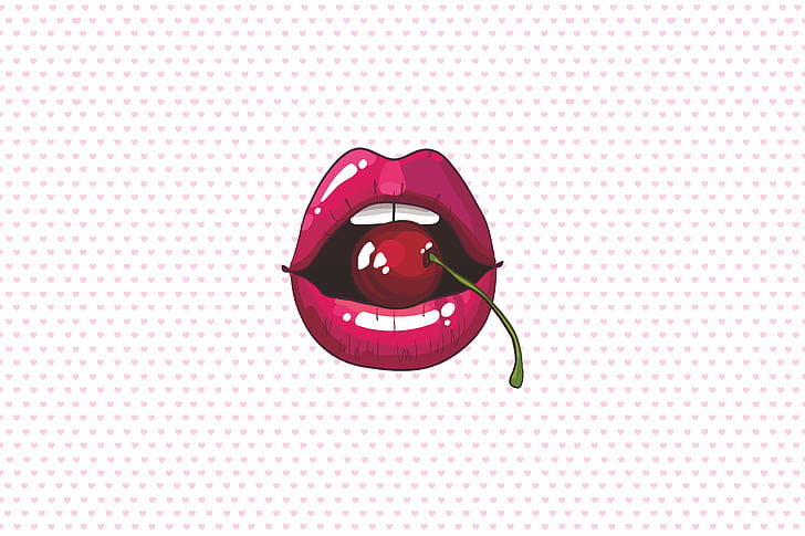 cherry, figure, graphics, teeth, lips, hearts, red, red lips, HD wallpaper
