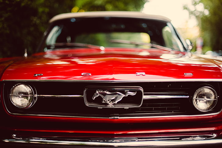 Ford Mustang vermelho Fastback, vermelho, Mustang, Ford, clássico, frente, bokeh, HD papel de parede