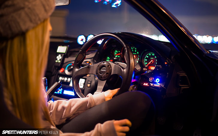 black car steering wheel, Speedhunters, Mazda RX-7, tuning, Mazda, car interior, vehicle, car, HD wallpaper