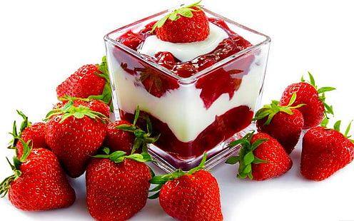 клубничный йогурт, клубника, сливки, ягода, десерт, слои, HD обои HD wallpaper