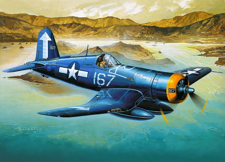 aviation, fighter, art, the plane, American, deck, F4U-1D, HD wallpaper