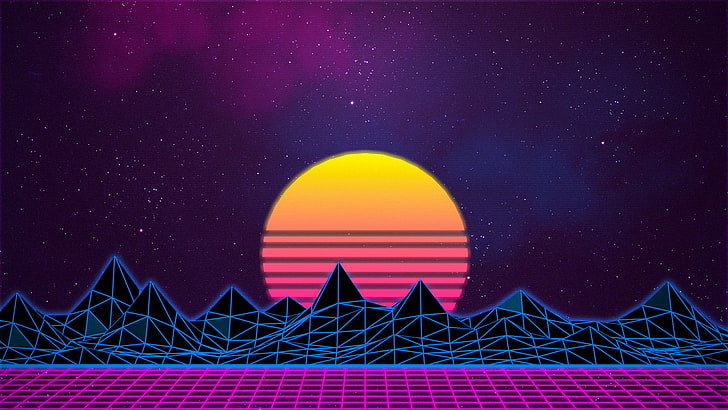 illustration des montagnes jaunes et noires, nouvelle vague rétro, néon, synthwave, style rétro, années 1980, art numérique, Fond d'écran HD