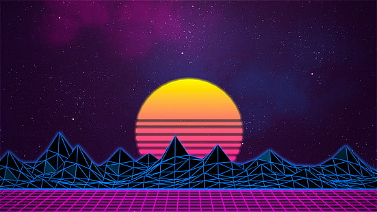 black and yellow mountains illustration, New Retro Wave, neon, synthwave, Retro style, 1980s, digital art, HD wallpaper HD wallpaper