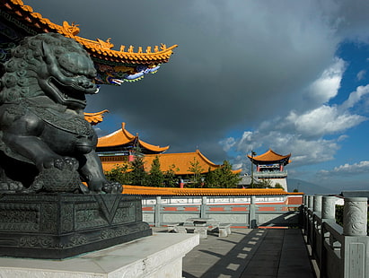 статуя на сив дракон, небето, облаци, дракон, дом, Китай, скулптура, HD тапет HD wallpaper