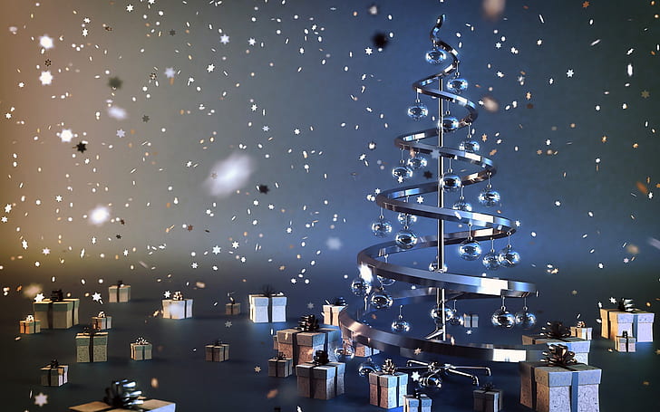 dekoration, lichter, kreativ, kugeln, stahl, fichte, sterne, geschenke, neujahr, baum, feld, weihnachtsbaum, guten rutsch ins neue jahr, HD-Hintergrundbild