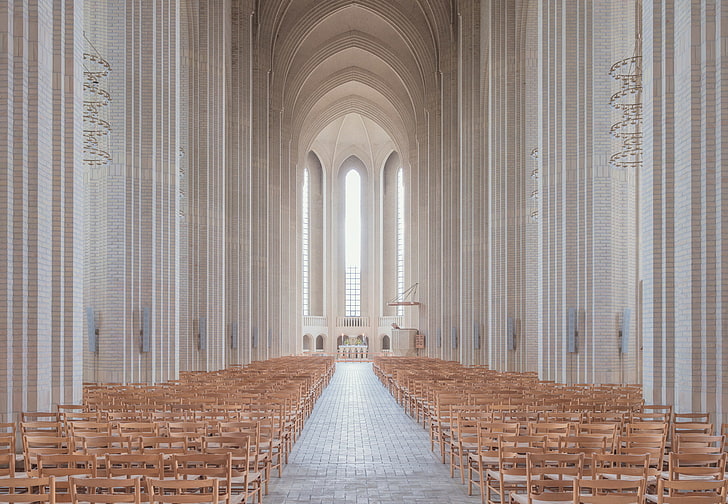 architecture, building, Copenhagen, Denmark, church, interior, arch, empty, chair, Altar, bricks, column, HD wallpaper