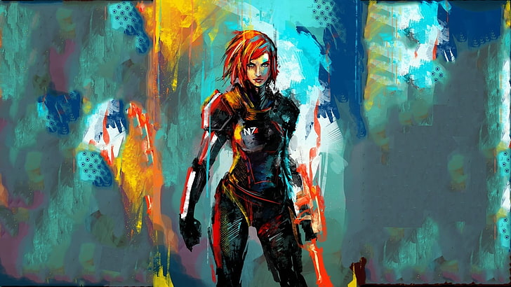 kadın savaşçı pop art, Mass Effect, video oyunları, Komutan Shepard, sanat, HD masaüstü duvar kağıdı