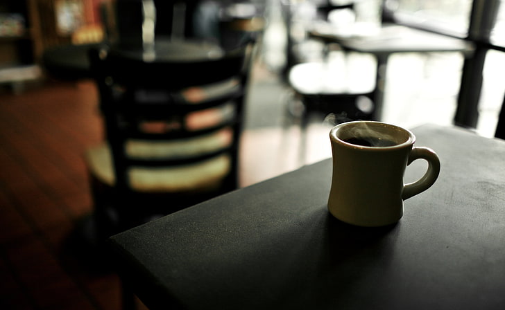 white ceramic mug, cafe, cup, coffee, hot, mood, table, chairs, furniture, shade, HD wallpaper