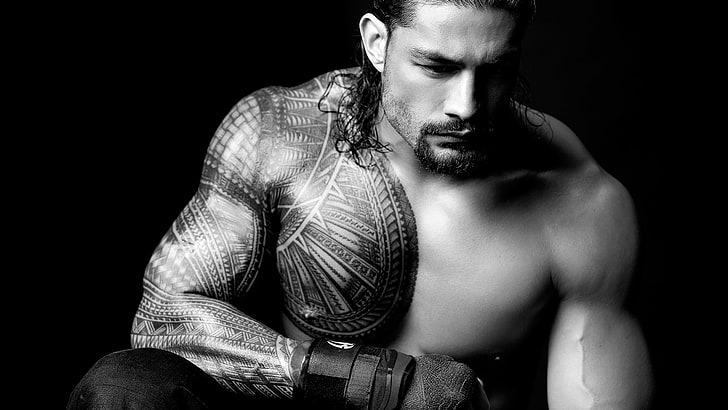 мужчины, модель, монохромный, лицо, мышцы, тату, WWE, римское царствование, HD обои