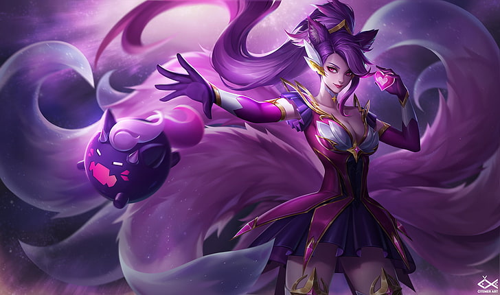 purple haired girl animated illustration, League of Legends, Ahri (League of Legends), tail, animal ears, cleavage, HD wallpaper