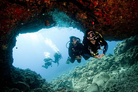 пещера, водолаз, гмуркане, океан, скуба, море, под вода, HD тапет HD wallpaper