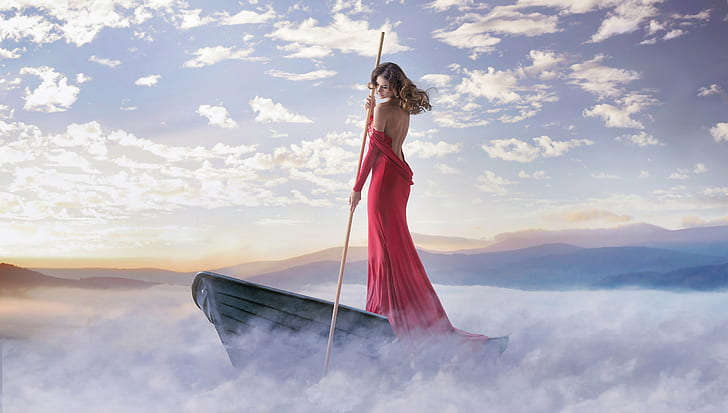 babe, boat, cleavage, dream, dress, fog, girl, lake, mood, pole, HD wallpaper