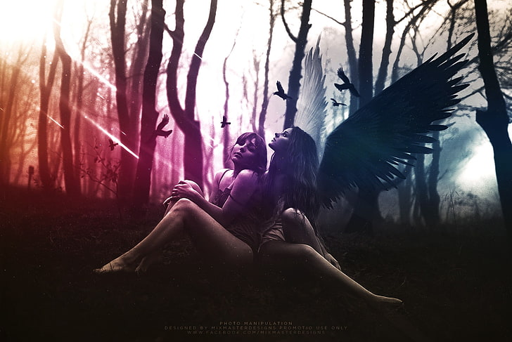 papel de parede de dois anjos, anjo, manipulação de fotos, design gráfico, asas, pássaros, HD papel de parede