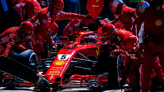 Ferrari, sport, Formula 1, gara, uomini, Sebastian Vettel, pilota, meccanica, pit stop, Ferrari SF71H, Sfondo HD HD wallpaper