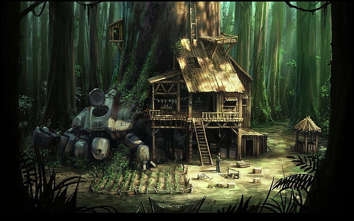 illustration de maison en bois marron et gris, maison, forêt, bois, science fiction, futuriste, artwork, Fond d'écran HD