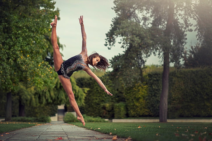 penari, wanita, balerina, melompat, Dimitry Roulland, Oceane Charoy, fleksibel, Wallpaper HD