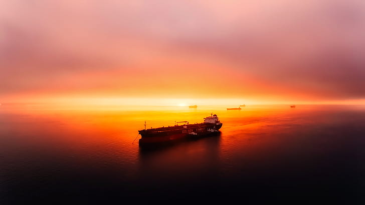 фотография, петролен танкер, залез, море, HD тапет