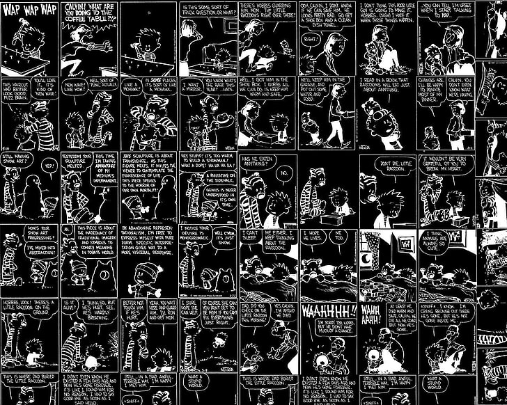 black and white printed textile, comic books, Calvin and Hobbes, inverted colors, HD wallpaper