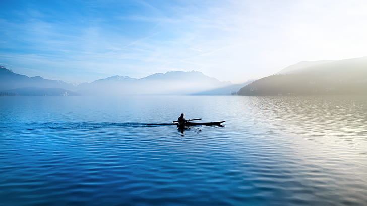 Vehicles, Kayak, Boat, Fog, Lake, Man, Mountain, HD wallpaper