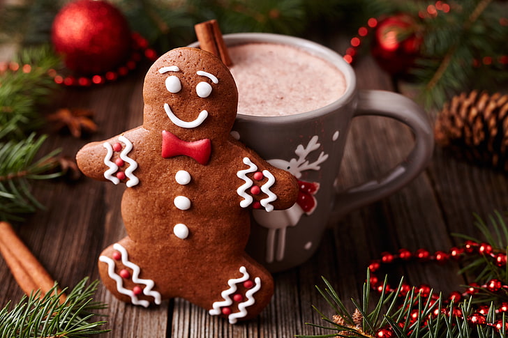 Gingerbread cookie, New Year, cookies, Christmas, cakes, Xmas, glaze, cocoa, decoration, gingerbread, Merry, HD wallpaper