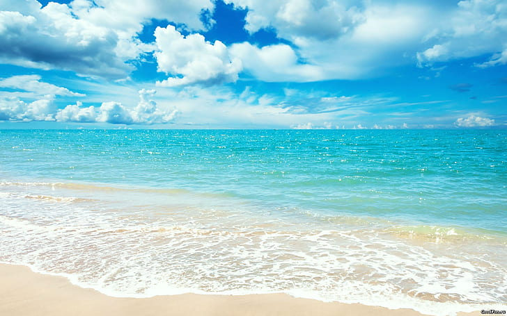 Mar azul, praia de areia branca, sol, céu, cenário, paisagem, água, HD papel de parede