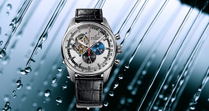 Круглые серебряные и синие часы с хронографом с черным кожаным ремешком, вода, часы, Zenith, HD обои
