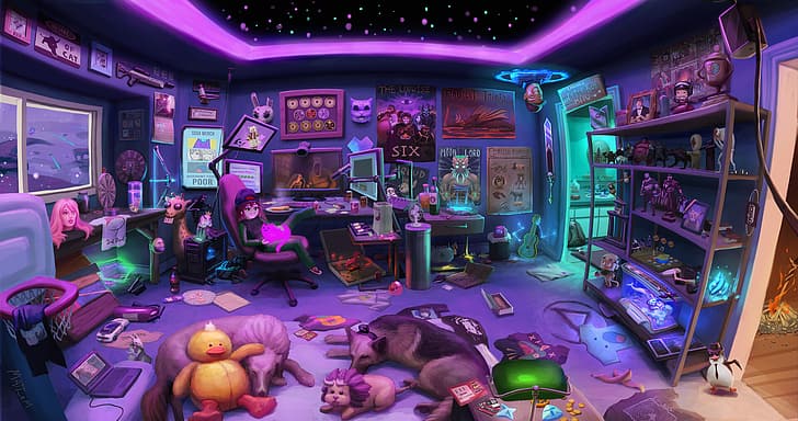 room, dog, toys, futuristic, portal, ceiling, space, figures, cats, messy, women, anime girls, gamer, stuffed animal, computer, dual monitors, pizza, mask, poster, neon, purple background, purple light, purple, gaming chair, Streaming, HD wallpaper