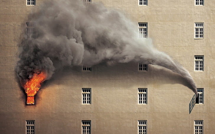 fire, smoke, building, window, digital art, artwork, HD wallpaper