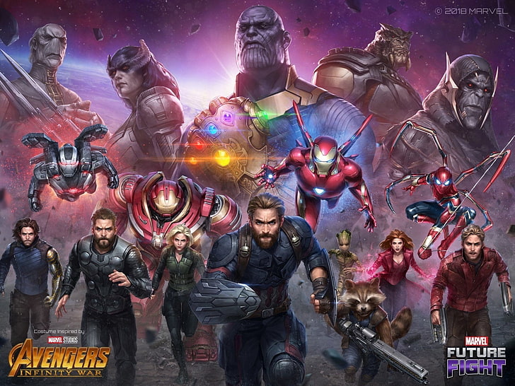 Movie, Avengers: Infinity War, Armor, Black Widow, Captain America, Corvus Glaive, Cull Obsidian, Ebony Maw, Groot, Hulkbuster, Iron Man, Marvel Comics, Marvel Future Fight, Proxima Midnight, Rocket Raccoon, Scarlet Witch, Space, Spider-Man, Star Lord, Thanos, Thor, War Machine, Winter Soldier, HD wallpaper