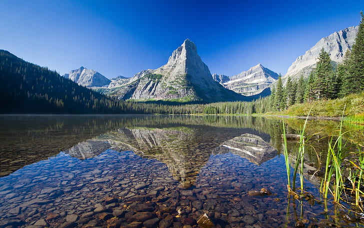 natur, landskap, berg, Glacier National Park, Montana, USA, sjö, träd, skog, snö, stenar, gräs, reflektion, HD tapet
