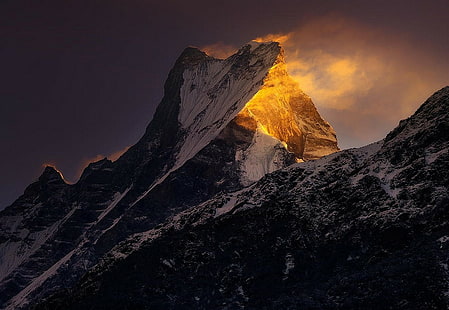 sunlight, mountains, Himalayas, landscape, summit, wind, snowy peak, Nepal, nature, HD wallpaper HD wallpaper