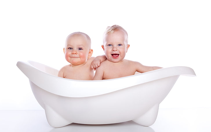 Детская ванна, детская белая ванна, Малыш, милый, купание, два, HD обои