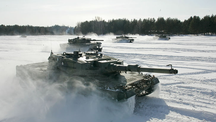 주간, 군사, 탱크, 핀란드 육군, 표범 2, 눈, 숲 중 검은 전투 탱크, HD 배경 화면
