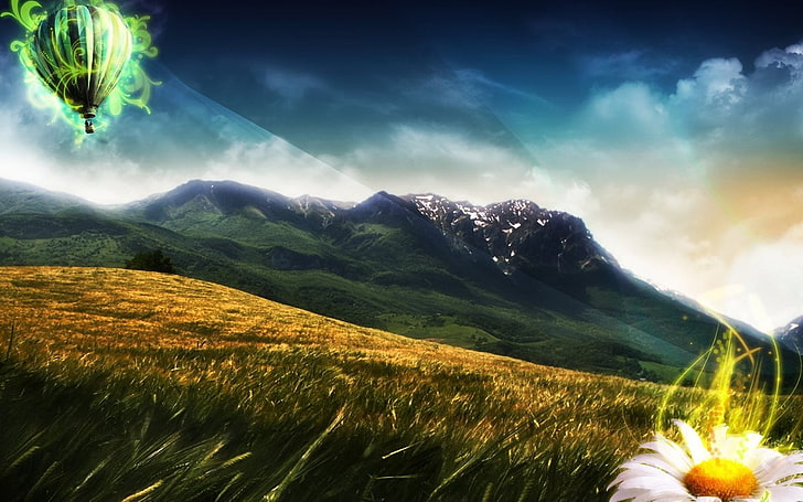 illustration de montagne brune et noire, montagnes, art numérique, champ, montgolfières, nature, paysage, Fond d'écran HD