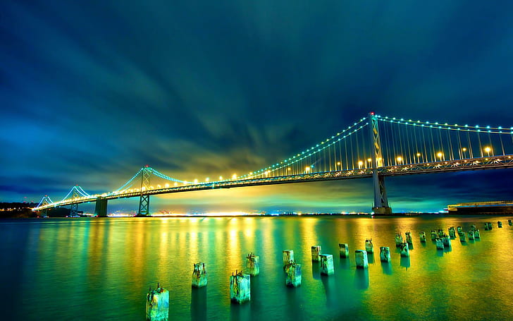 Bay Bridge, Ansicht von bridgeduring Sonnenuntergangtapete, Reflexion, Lichter, Wasser, Fluss, schön, Stadt, Brücke, Nacht, Ozean, Natur und Landschaft, HD-Hintergrundbild