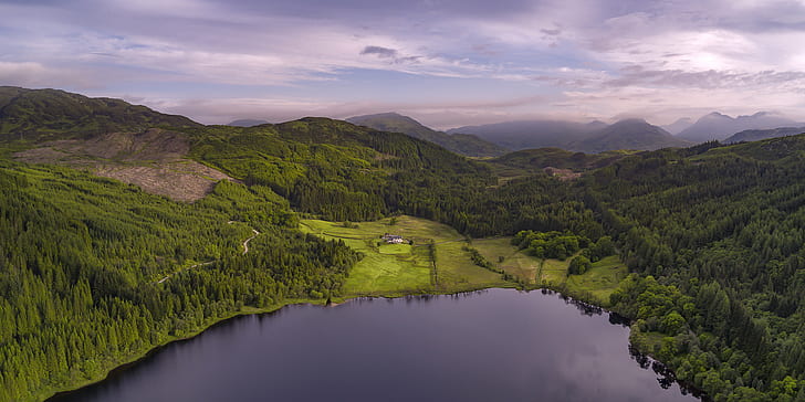 aerial photography of lake surrounded with land and mountains under gray sky, Lair, Kelpie, aerial photography, lake, land, mountains, Scotland, Trossachs, Loch Lomond, National Park, loch Chon, Kelpies, Landscape, mountain, nature, scenics, outdoors, forest, summer, green Color, hill, sky, HD wallpaper