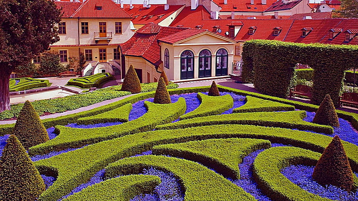 garden, bush, vrtbovska garden, plant, prague, flora, czech republic, grass, house, shrub, europe, HD wallpaper