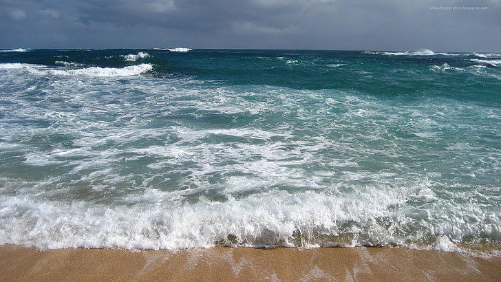 strand och brun sand, strand, hav, vågor, himmel, sand, vatten, horisont, HD tapet