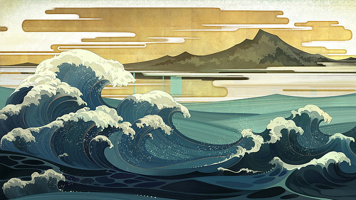 mar, Ásia, ondas, trabalho artístico, Arte japonesa, Ukiyo-e, A grande onda de Kanagawa, HD papel de parede