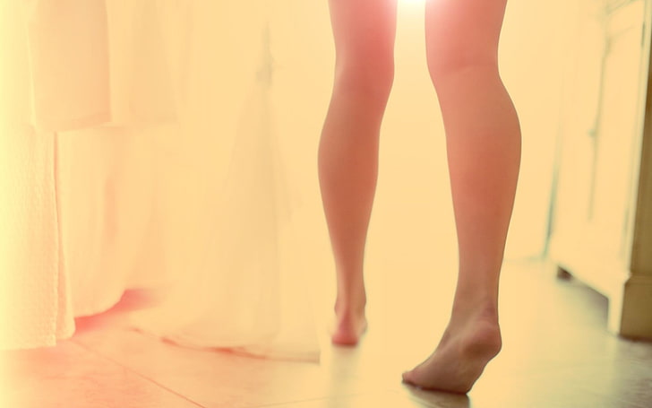white curtain, person walking near white cabinet and white curtain, feet, legs, model, women, barefoot, HD wallpaper